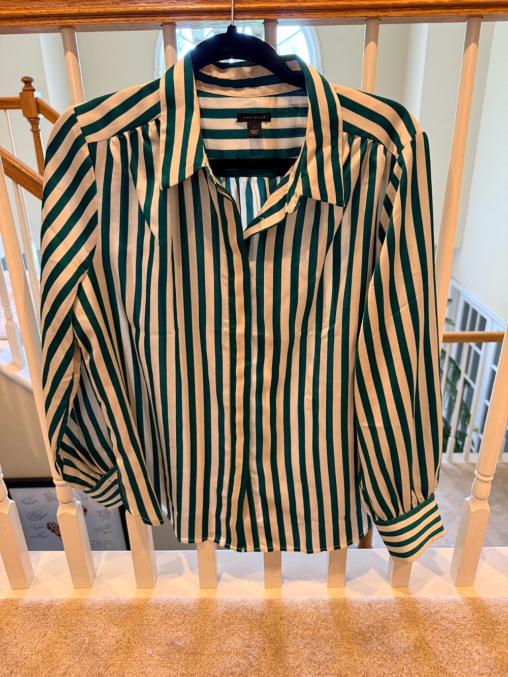 Ann Taylor Teal and White Striped Button-Down Blouse